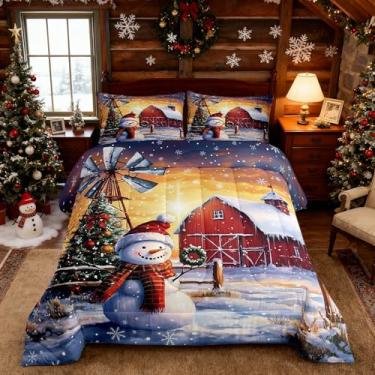 Imagem de Homewish Conjunto de cama fofo de boneco de neve, para crianças, adolescentes e adultos, céu amarelo gradiente, rústico, estilo casa de fazenda, edredom acolchoado com 2 fronhas, tamanho Queen, 3