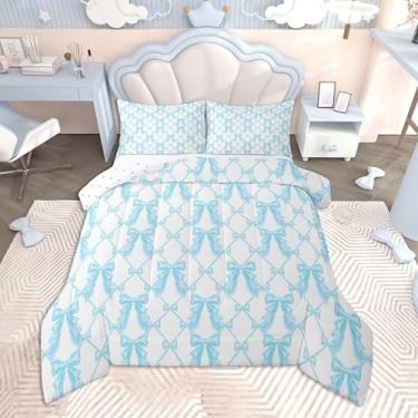 Imagem de Feelyou Conjunto de edredom com laço azul, tamanho solteiro, para crianças, meninos e meninas, com laço geométrico, edredom e 1 fronha, microfibra
