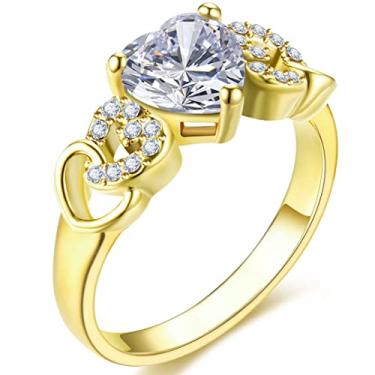 Imagem de Anel de noivado com zircônia cúbica de ouro 14K com compromisso de eternidade para presente feminino, 10, Latão, Zircônia cúbica