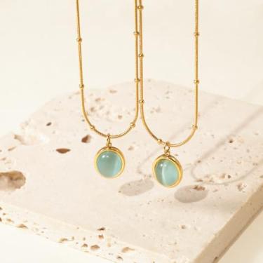 Imagem de Colar oval de pedra olho de gato verde para mulheres, aço inoxidável, moderno, não mancha, hipoalergênico, pingente ajustável 40 + 5 cm