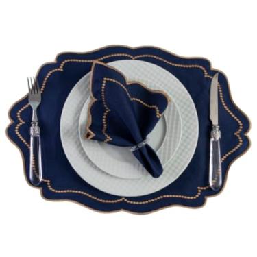 Imagem de Jogo Americano Luxo com Guardanapos, 12 Peças 6 Lugares, Sousplat Bordado Dourado, Oxford Engomado, 50x35cm, Elegante para Mesa Posta, Diversas Cores (Azul Marinho)