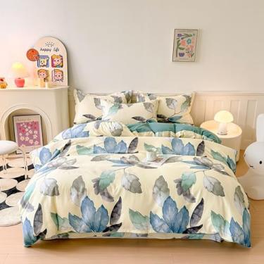 Imagem de Dokiwaki Capa de edredom botânica verde de algodão escovado para meninas conjunto de cama de outono estampado com zíperes duplos como colcha de verão cobertor respirável reversível chique gasto