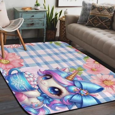 Imagem de Tapete para sala de estar, lavável à máquina, unicórnio, azul, tapete antiderrapante, macio, para sala de estar, quarto, sala de jantar, berçário, cozinha, decoração de casa