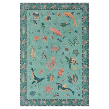 Imagem de Tapete macio de borracha antiderrapante de lã sintética lavável com animais marinhos para sala de jogos, banheiro, sala de estar, quarto, cabeceira, praia, fofo, náutico, para berçário (turquesa, 1,8