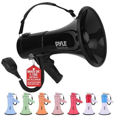 Imagem de Pyle Megafone Bullhorn 50W – portátil, sirene automática e volume ajustável, alcance de projeção de até 1200 metros quadrados, entrada auxiliar, talk, sirene, música, apito e gravação, alça de ombro