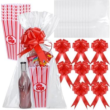 Imagem de Engrowtic Pacote com 6 cestas de pipoca para presentes vazias, cesta de presente de filme de 10 x 20 cm com 8 laços florais vermelhos, 12 sacos retráteis, cestas de presente vazias para Natal, caixas