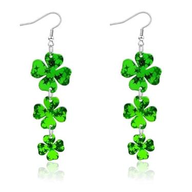 Imagem de Brincos de trevo para mulheres, presentes de Dia de São Patrício para sua roupa de festa, brincos pendentes de trevo de quatro folhas de acrílico com glitter verde, Medium, Acrílico, Sem pedra