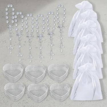 Imagem de Kit 18 Lembrancinhas Primeira Comunhão Eucaristia – Mini Terços com Pérolas Caixinhas Coração e Saquinhos de Organza Mimos Religiosos