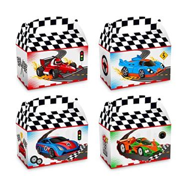 Imagem de 24 caixas de lembrancinhas de festa de carro de corrida, acabamento de corrida, preto e branco, caixa de papel portátil de papelão quadriculado para festa de aniversário