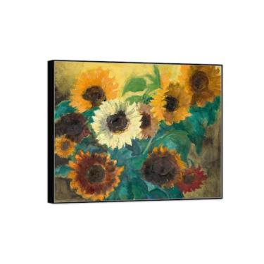 Imagem de Pintura de arte de parede de flores - imagem de decoração vintage - girassol brilhante - impressões em tela de moldura preta para sala de estar 30 x 35 cm 12 x 13 pol