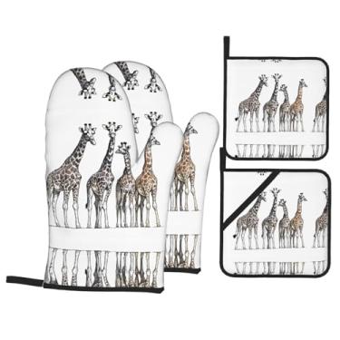Imagem de Girafas fofas - Conjunto de luvas de cozinha estampadas com suportes de tampa, luvas de forno resistentes ao calor para manusear panelas quentes, grelhar, churrascos, kit de 4 peças.