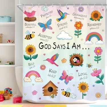 Imagem de Cinbloo Cortina de chuveiro infantil 60Lx72H desenho animado roxo inspirador cristão floral abelha arco-íris versículos bíblicos citações positivas conjunto de cortina de banheiro natureza banho