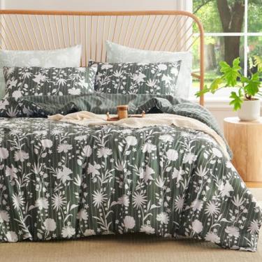 Imagem de CCoutueChen Conjunto de edredom Queen com estampa floral, listrada, verde escuro, reversível, neutra para todas as estações, microfibra leve e macia com 2 fronhas