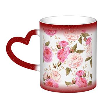 Imagem de Caneca de café divertida floral rosa rosa, copo de cerâmica com mudança de cor sensível ao calor 12 Oz, para café/chá/leite/cacau, para adolescente/aniversário/festival/presentes