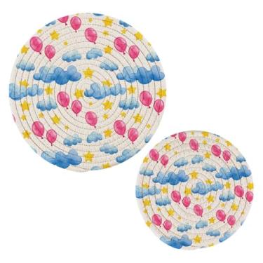 Imagem de Wassud Trivet de nuvens azuis em aquarela para pratos quentes, suportes redondos de algodão, almofadas quentes, porta-copos elegantes, decoração de cozinha e acessórios, 2 peças
