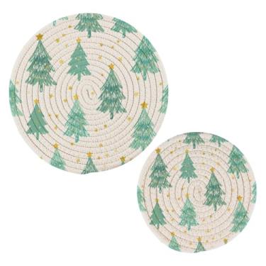 Imagem de Wassud Conjunto de trivet de árvores de Natal de desenho animado para pratos quentes, suportes redondos de algodão, almofadas quentes, porta-copos elegantes, decoração de cozinha e acessórios, 2 peças