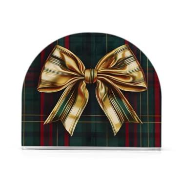 Imagem de xigua Suporte de guardanapo clássico de Natal com laço dourado para mesas, porta-guardanapos de papel de placa acrílica elegante, dispensador de papel de seda independente moderno para jantar, sala de