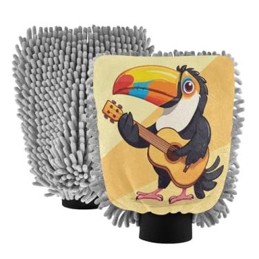 Imagem de STAYTOP Luvas coloridas para lavagem de carro tucano com desenho animado, 2 peças, luvas de microfibra de chenille, sem arranhões, panos de esponja de lavagem ultra absorventes para carros, limpeza