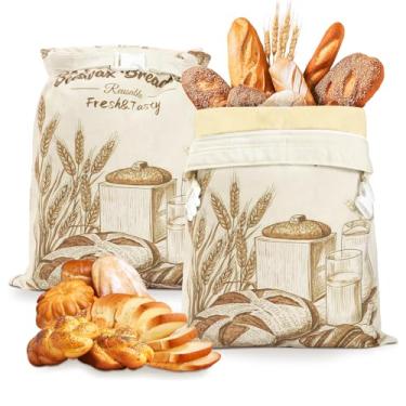 Imagem de IUMLXJO 2 sacos de pão de cera de abelha para pães caseiros, 43 x 33 cm, sacos de armazenamento de pão reutilizáveis de algodão natural com zíper de vedação para frescor hermética, grande recipiente