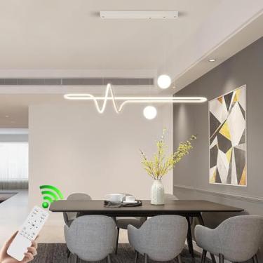 Imagem de Lustre linear moderno de LED para mesa de jantar, com intensidade regulável, criativo e simples, na cor branca. Luminária pendente com 2 bolas redondas e controle remoto para teto, ideal par