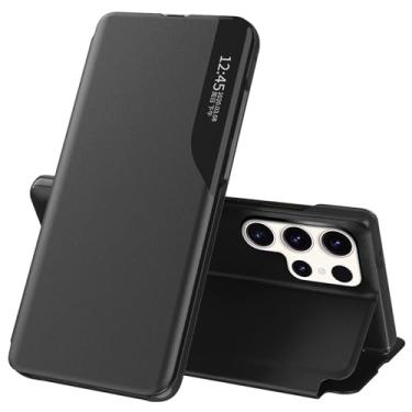 Imagem de Capa S25 Ultra Flip para Samsung Galaxy S25 Ultra 5G, capa de couro slim fit transparente para Samsung S25 Ultra capa de telefone com suporte, resistente, resistente, à prova de choque (preto)