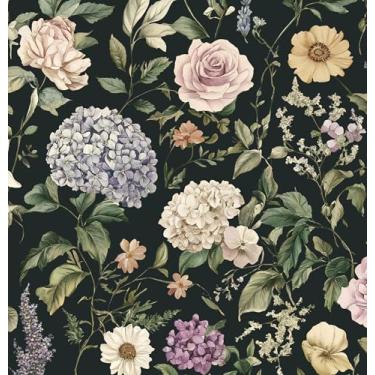 Imagem de HeloHo Papel de parede floral vintage boho papel de contato flor escura autoadesivo removível papel de parede botânico amigável para locatários para armários quarto rolos de vinil 44 x 199 cm