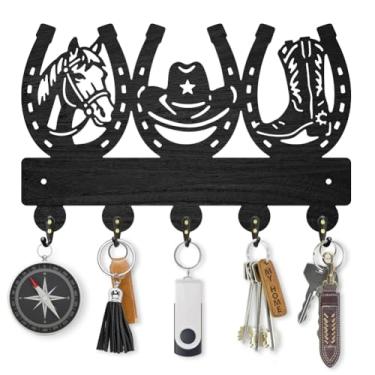 Imagem de MAYJOYDIY Suporte de chave de ferradura de madeira, cabide de chave de cavalo para parede, 29 × 19 cm, chapéu de caubói decorativo, suporte de parede, cabide com 5 ganchos de liga para entrada
