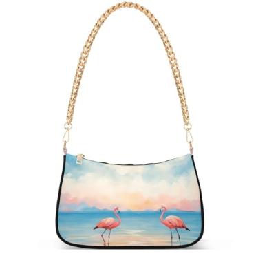 Imagem de Flamingos Beach Aquarela Bolsa feminina Hobo Party Purses Womens Evening Handbag Chain Ladies Shoulder Bag, Flamingos Beach Watercolor