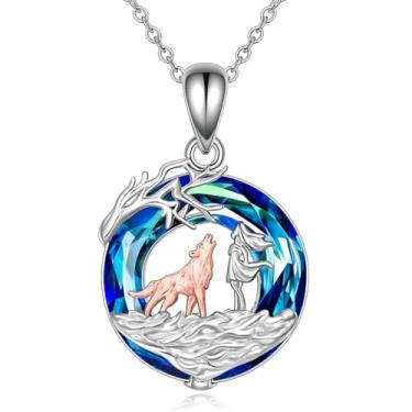 Imagem de Colar com pingente de cena de inverno de lobo, cristal azul, corrente de aço inoxidável, 3 cm