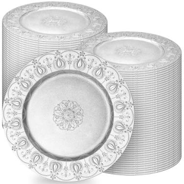 Imagem de Tomeurperf Placas de carregamento prateadas a granel 100 peças - Carregadores de prata de 33 cm para pratos de jantar, placa de carregamento decorativa para decoração de festa de cozinha de casamento