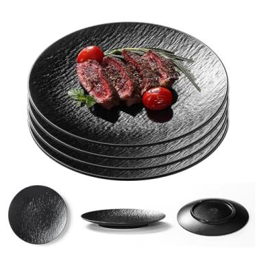 Imagem de YuanQ 4 peças de pratos de jantar planos inquebráveis, reutilizáveis, pratos de cozinha, conjunto de pratos planos de 18 a 30 cm de pratos de plástico para sobremesa, salada, aperitivo (20 cm, preto)