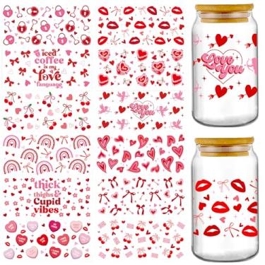 Imagem de Adesivos DTF UV Valentine - 12 folhas coração vermelho cereja laço UV DTF envoltórios copo para garrafa de água de vidro de 473 ml, café gelado is my love language adesivo de transferência engraçado