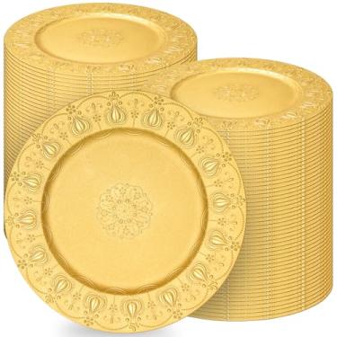 Imagem de Tomeurperf Placas de carregamento douradas a granel 100 peças - Carregadores dourados de 33 cm para pratos de jantar, placa de carregamento decorativa para decoração de festa de cozinha de casamento e