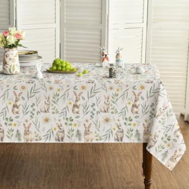 Imagem de Horaldaily Toalha de mesa retangular de Páscoa, 132 x 187 cm, coelhinhos, folhas verdes, agulha de pinheiro, samambaias, anêmona, lavável, toalha de mesa sazonal para decoração de festa e piquenique e