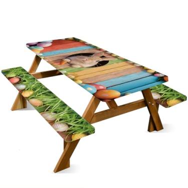 Imagem de ANNA QUEEN Conjunto de capa de mesa de piquenique de boneco de neve de Natal de 1,8 m com capas de banco, 3 peças, 183 x 76 cm, proteção de móveis para banco e toalha de mesa (coelhinho da Páscoa)