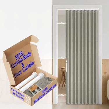 Imagem de Conjuntos de cortinas AJAZZ 100% blackout para portas sanfonadas invisíveis para quarto e sala de estar (1 pacote, 111 L x 198 C, cinza + varão)
