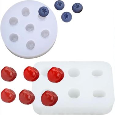 Imagem de Conjunto de moldes de silicone de cereja e mirtilo 3D simulação realista em forma de fruta para decoração de bolos, cupcake, moldes de resina, fondant de chocolate, ferramentas de panificação