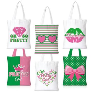 Imagem de Paterr Pacote com 6 sacolas de lona rosa e verde, sacolas de compras reutilizáveis para eventos de irmandade, conferências, viagens, compras, presentes