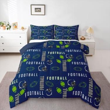 Imagem de jejeloiu Jogo de cama com edredom de futebol americano, tamanho solteiro, Seattle para crianças, meninos, meninas, futebol americano, cidade, azul, verde, respirável, macio, leve, microfibra, rúgbi
