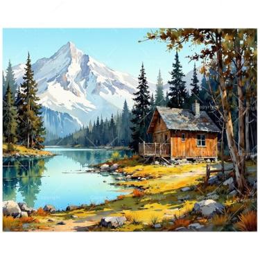 Imagem de TAOPAOLAB Kit de pintura Healing Mountain House por números para adultos – Pintura rústica DIY da Mountain Lake em tela 40,6 x 50,8 cm, conjunto de tinta acrílica, adequado para iniciantes, arte para