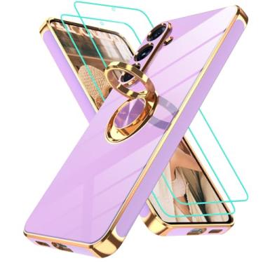 Imagem de Gritup Capa para Samsung Galaxy S25 FE | 2 peças protetoras de tela | Suporte magnético de rotação de 360°, capa protetora à prova de choque de TPU macio com borda dourada banhada a ouro para S25 FE