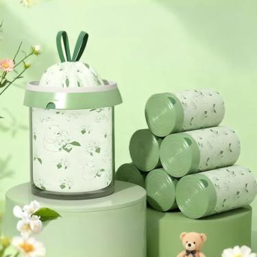 Imagem de 100 sacos de lixo com cordão por rolo, sacos de lixo verdes espessos sem cheiro extra fortes com padrão de urso de pelúcia, rolo descartável à prova de vazamento de fácil distribuição para uso