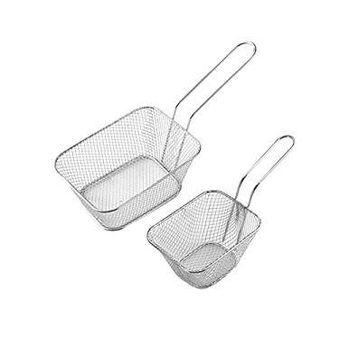 Imagem de Cesta de fritura 2 pacotes cesta criativa gourmet frita com alça cesta de batatas fritas de aço inoxidável multicolorido para casa, restaurante, lanchonete, batatas fritas fritas (cor: prata) (prata)