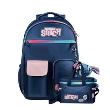 Imagem de Kit Mochila Escolar e Lancheira Térmica Feminina Stitch Azul - Disney