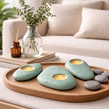 Imagem de Kit 3 Castiçais de Concreto Verde Grande Vela Lateral e Vela Central Decoração Moderna e Acolhedora