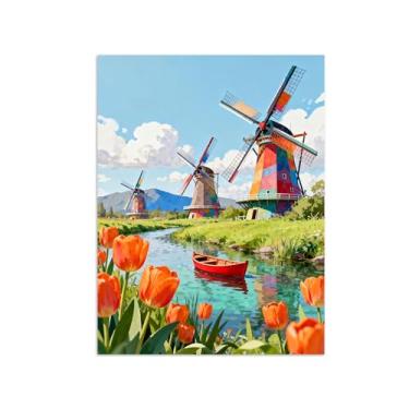 Imagem de Pôster paisagem - Flores moinho vento holandesas - Impressões em Tela - Imagem Moderna Natureza para Sala de Estar Decoração 60x80cm Sem Moldura