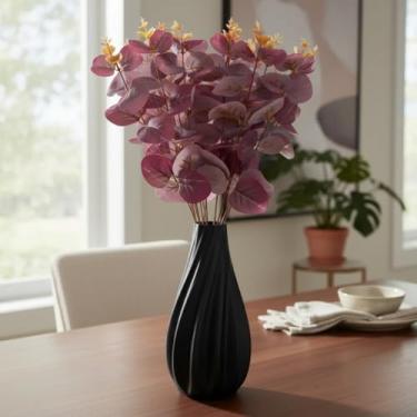 Imagem de Arranjo de Eucalipto Vermelho Artificial 45cm com Vaso Ondulado – Decoração Sofisticada para Casa e Escritório (Preto)