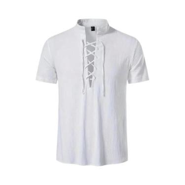 Imagem de Camisa Retro Masculina De Algodão E Linho Leve Com Decote Em V E Manga