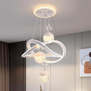Imagem de Luminária pendente LED moderna e regulável para mesa de jantar, com controle remoto e cristais. Luminária ajustável para sala de jantar, cozinha, escritório e sala de estar (Branca, A).
