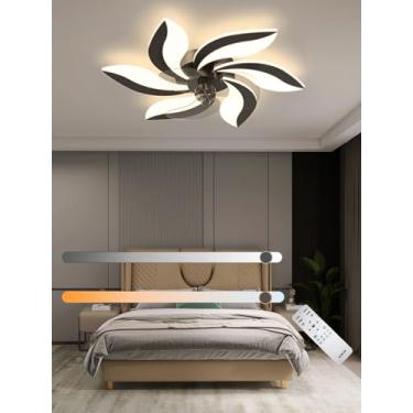Imagem de Ventilador de teto com luminária LED moderna, silencioso e criativo, em formato de flor, com controle remoto, intensidade de luz ajustável e 6 velocidades, ideal para quarto e sala de estar